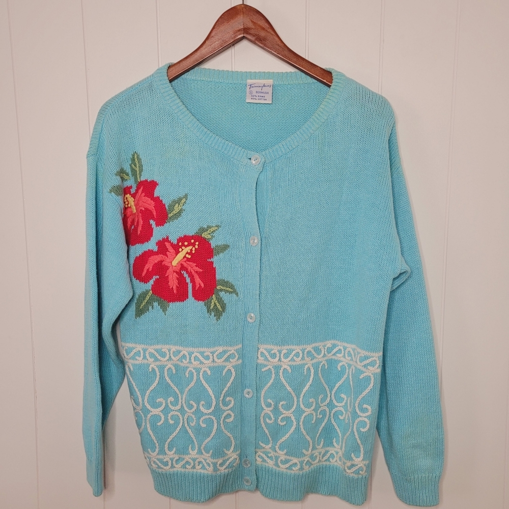 Vintage Trimingham's Bermuda Sweater Cardigan Small Blue Embroidered Floral